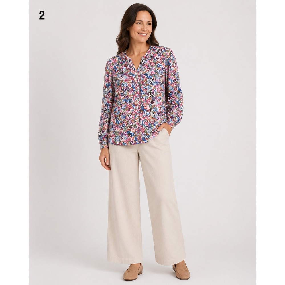 Talbots Button Front Shirt Womens Small Petite Floral Colorful Print Band Collar